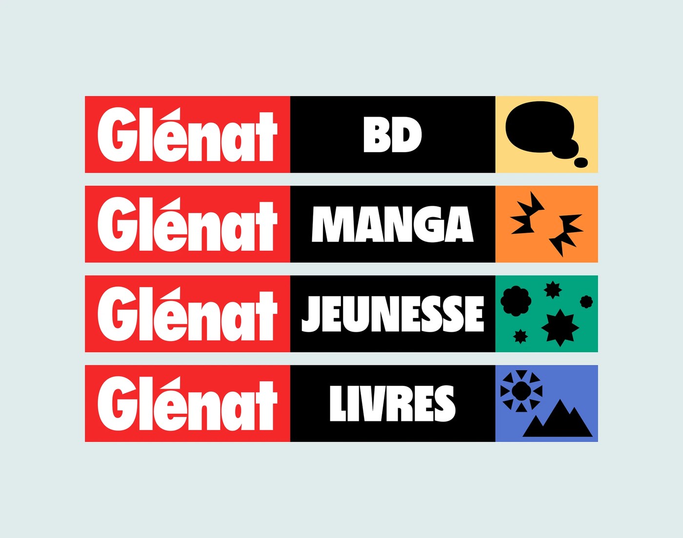 brand identity modular sub-brand lockups for BD, Manga, Jeunesse, and Livres