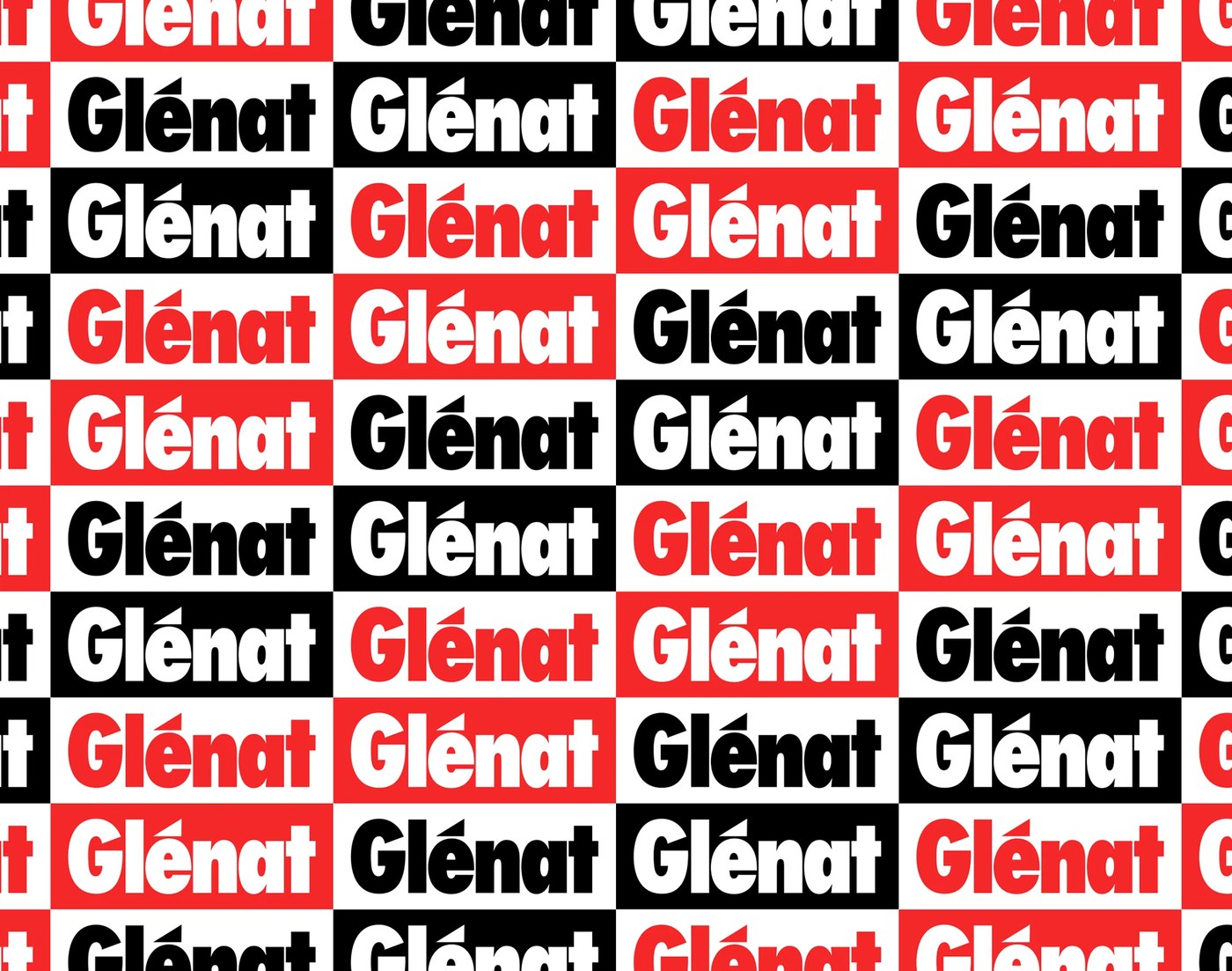 brand identity checkerboard pattern of Glénat logo cartouches in red, black, and white