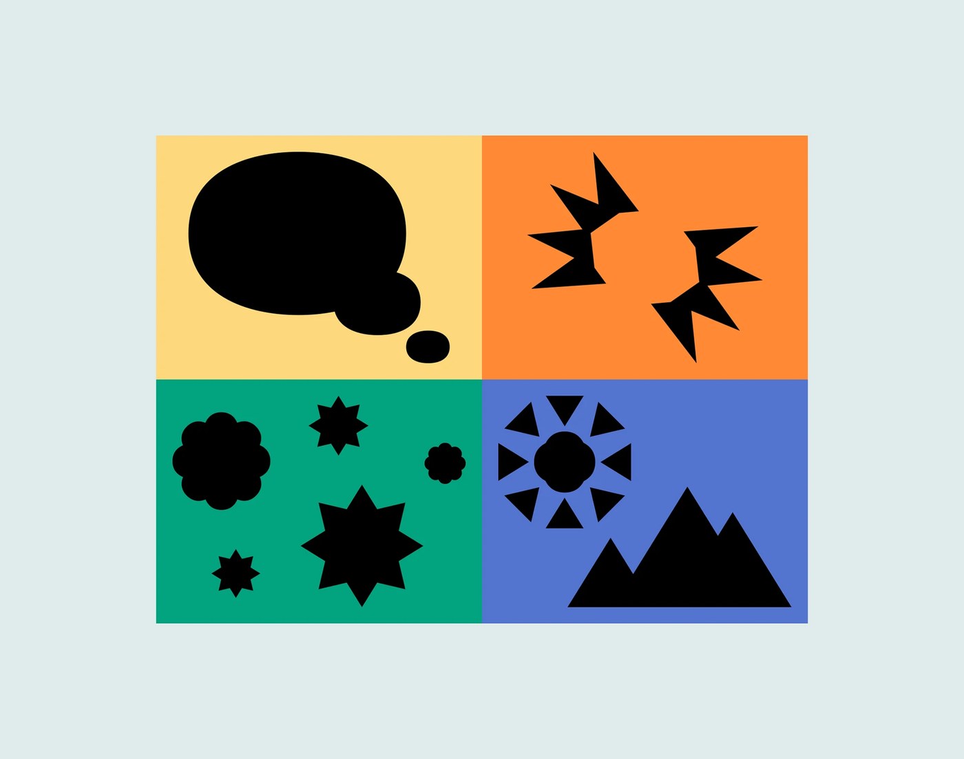 color palette quadrants and ambiance icons for the four publishing universes