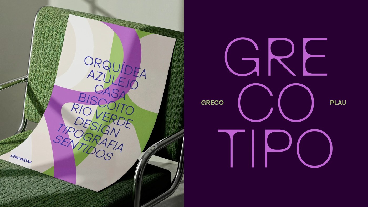 Printed exhibition poster and stacked Grecotipo display wordmark showcasing custom type design by Plau