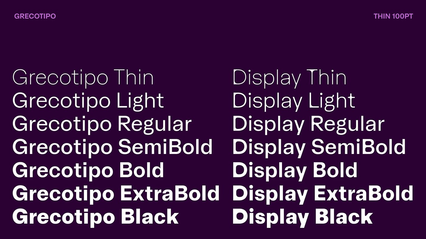 Typographic specimen comparing Normal and Display styles across eight weights in Grecotipo type design