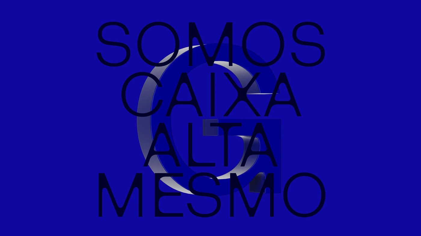 Cobalt blue editorial graphic with Portuguese headline typography overlaying uppercase G glyph in Grecotipo type design