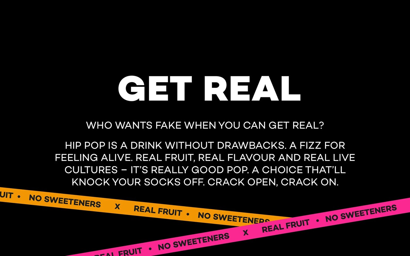 Hip Pop functional soda packaging design with split display wordmark and fruit graphics by Robot Food