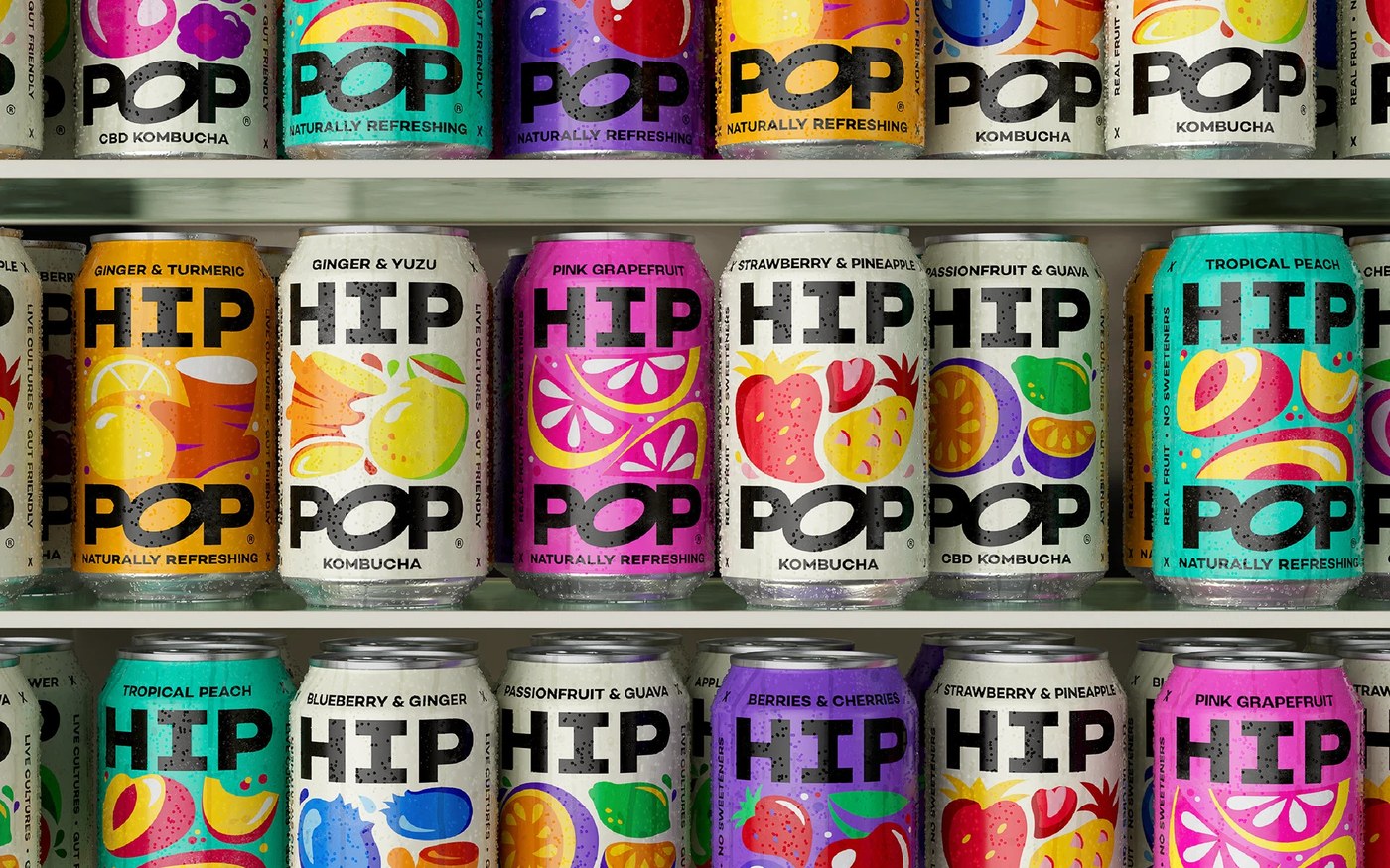 Lineup of Hip Pop functional soda cans showcasing colorful packaging design by Robot Food