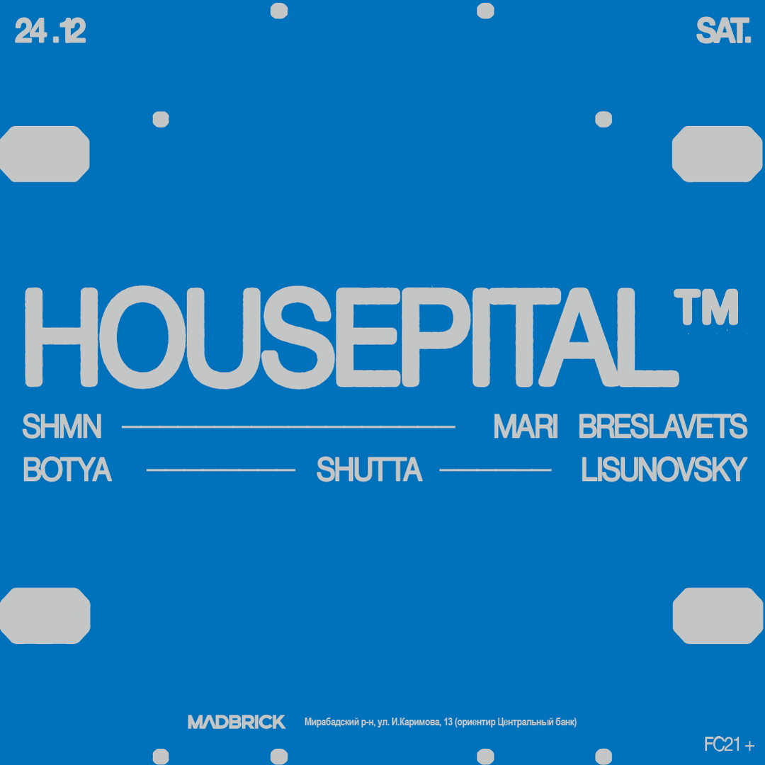 Housepital event branding poster with cobalt blue field and custom grotesque display typography