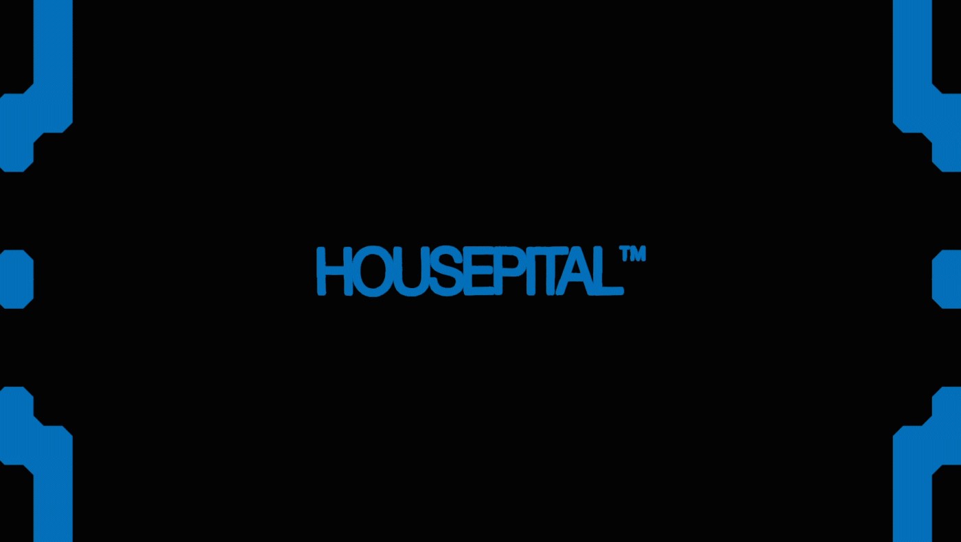 Dark telemetry framing HUD brackets with blue corner marks for Housepital event branding