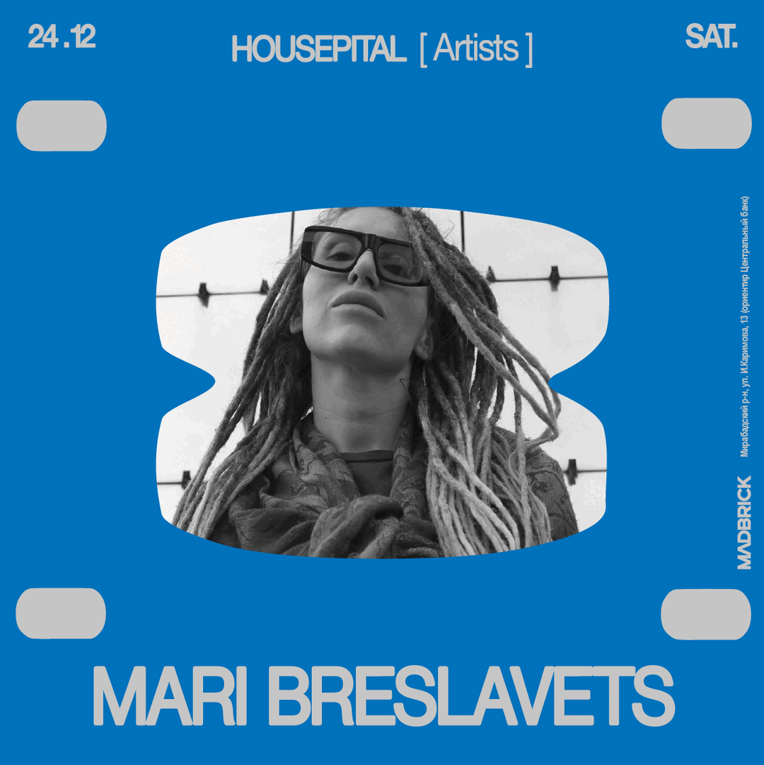 Cobalt blue artist portrait card framing Mari Breslavets in a pill-shaped punch window for Housepital branding