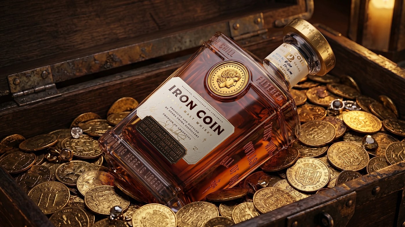 Faceted flint glass bottle and brand mark of Iron Coin Whisky with custom typography, coin medallion, and embossed mottos — packaging design by Opera Prima