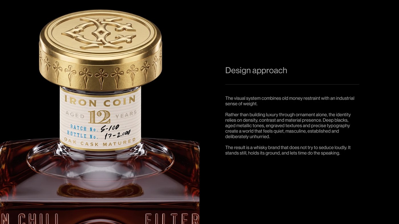 Macro view of brushed brass closure with monogram seal and batch-stamped neck band — packaging design by Opera Prima