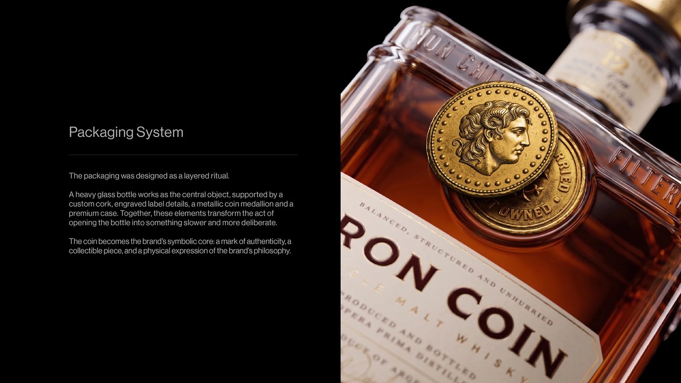 Detailed view of the layered coin medallion inset into glass and label typography — packaging design by Opera Prima