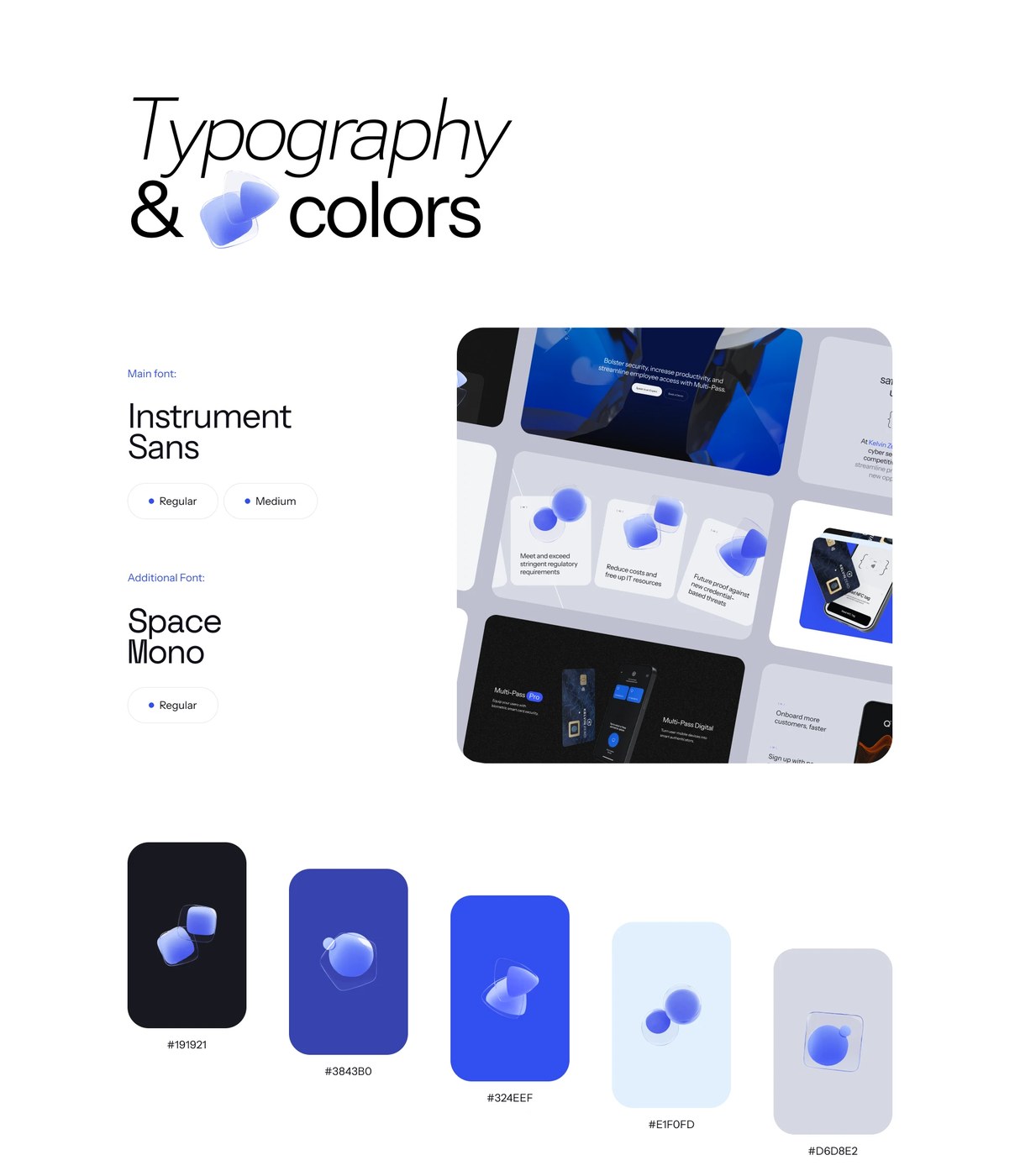 Typography and colors design system board featuring Instrument Sans, Space Mono, and palette swatches — web design by Cuberto