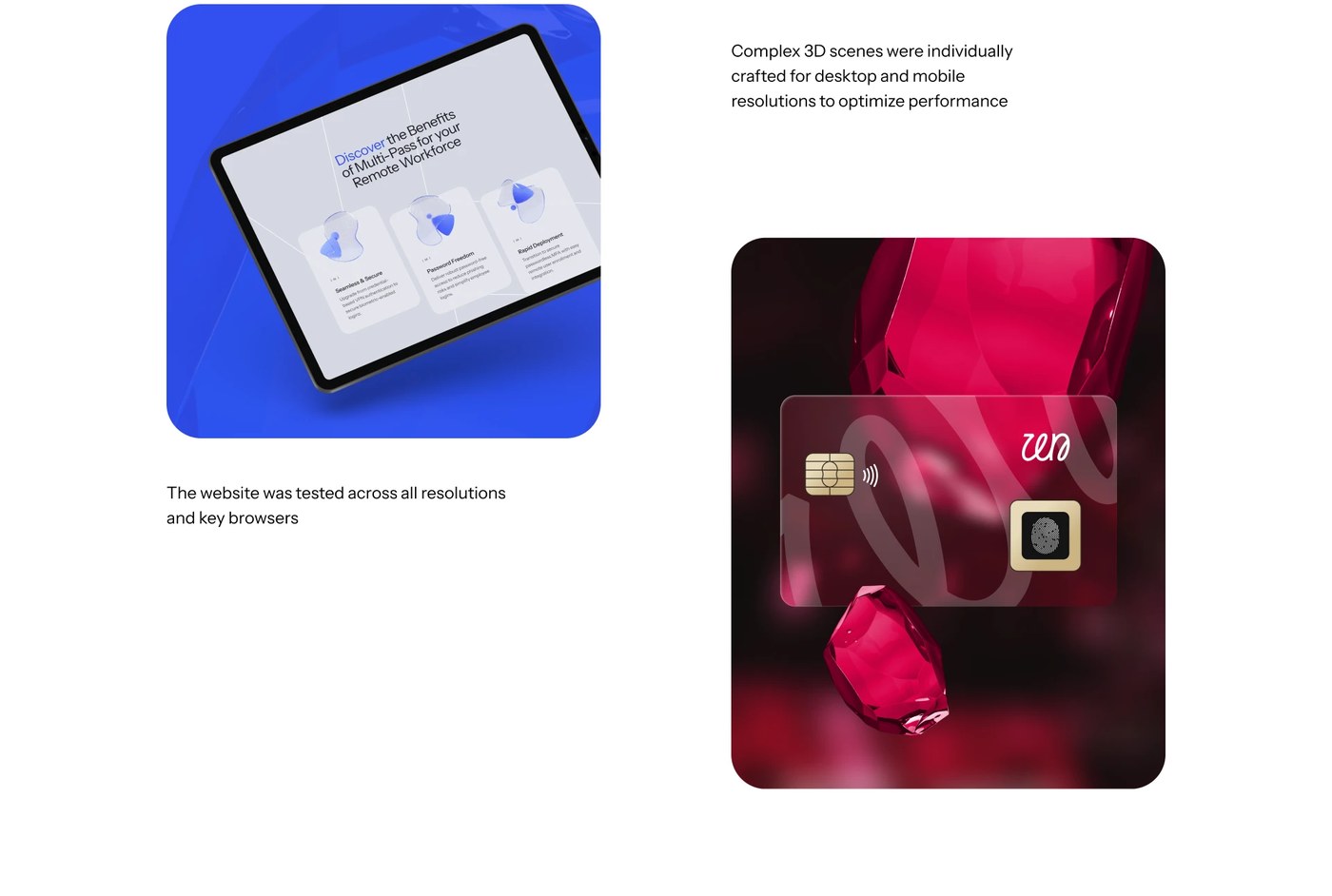 Tablet device testing and ruby red biometric access card 3D scene — web design by Cuberto