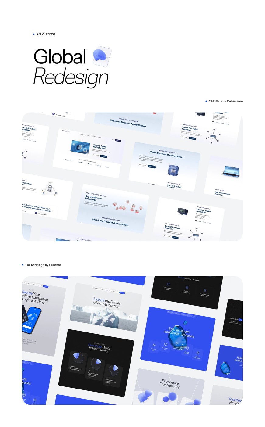 Global redesign comparison displaying legacy white layout versus dark mode interface system — web design by Cuberto