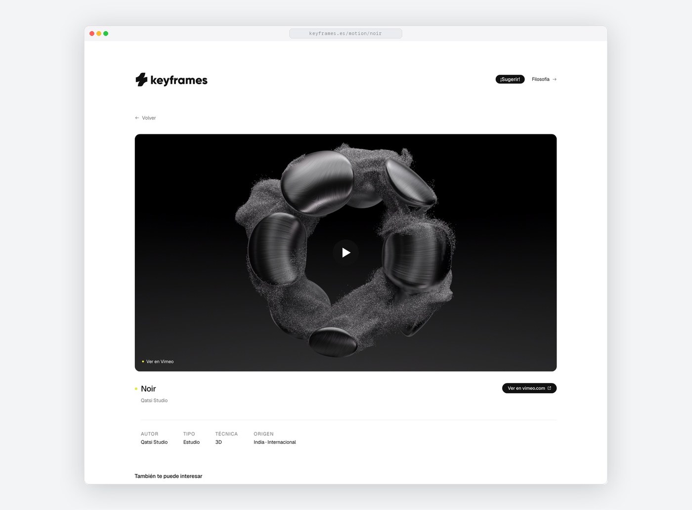 Project detail page for Noir by Qatsi Studio with video player and metadata in web design