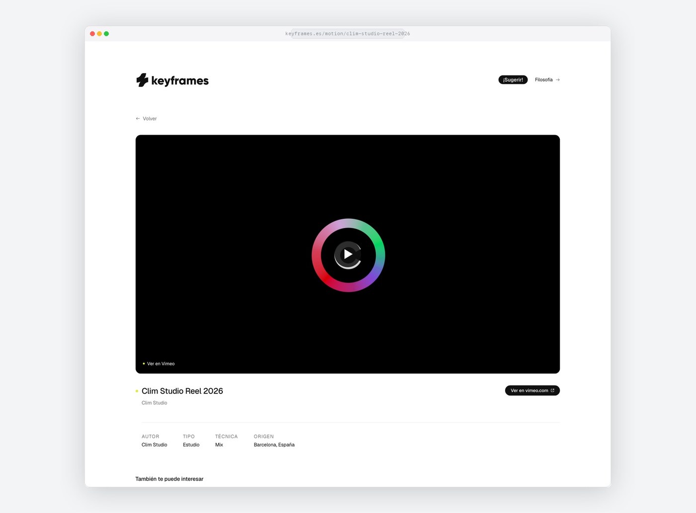 Project detail page for Clim Studio Reel 2026 showcasing Barcelona studio work in web design