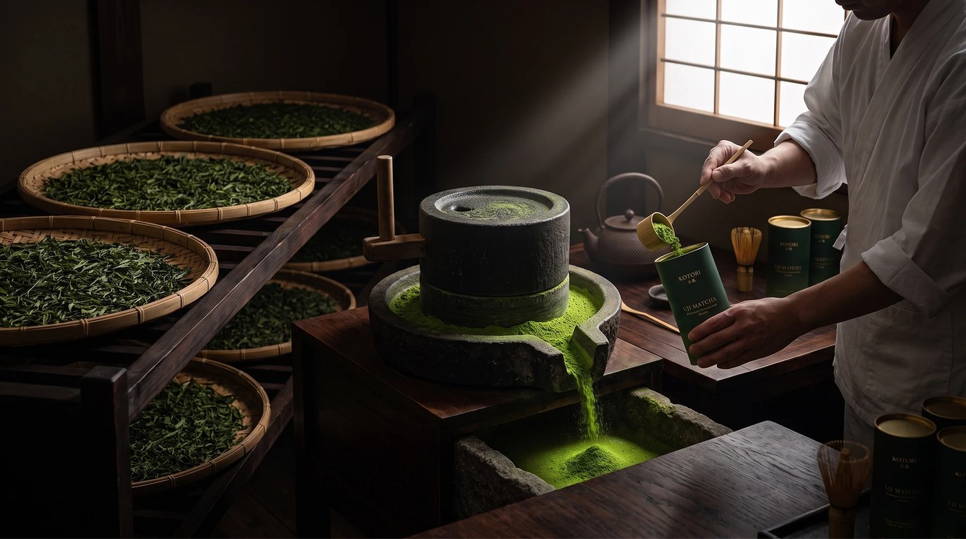 Ceremonial tea preparation ritual and luxury packaging design layout for KOTORI Uji Matcha