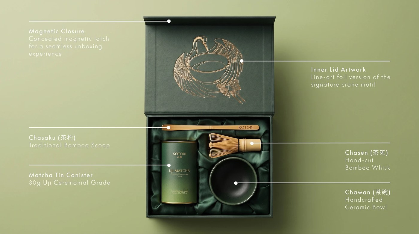 Complete ceremonial gift packaging design suite for KOTORI Uji Matcha by Valeriia Löffler