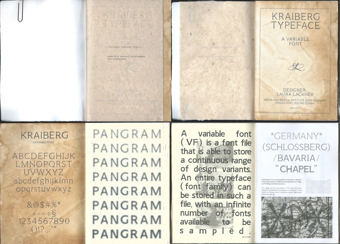 Overlapping pages of the variable typeface medieval specimen print editorial booklet