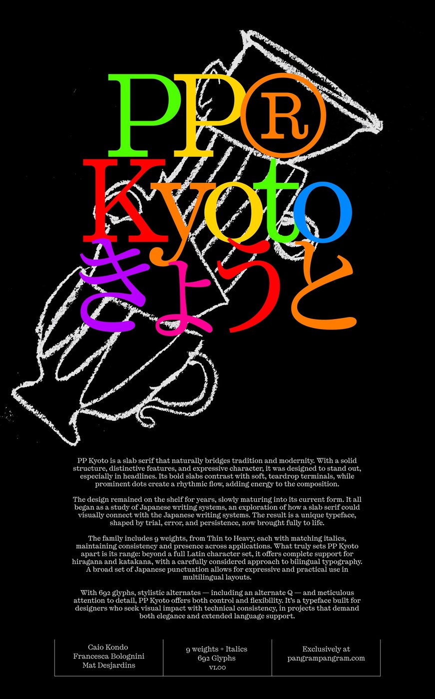 Chalk illustration poster and Japanese character specimen in PP Kyoto typeface design