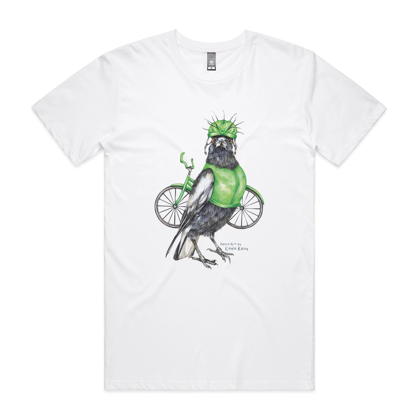 White cotton graphic tee featuring Clive the Cyclist magpie illustration by Lonely Kids Club