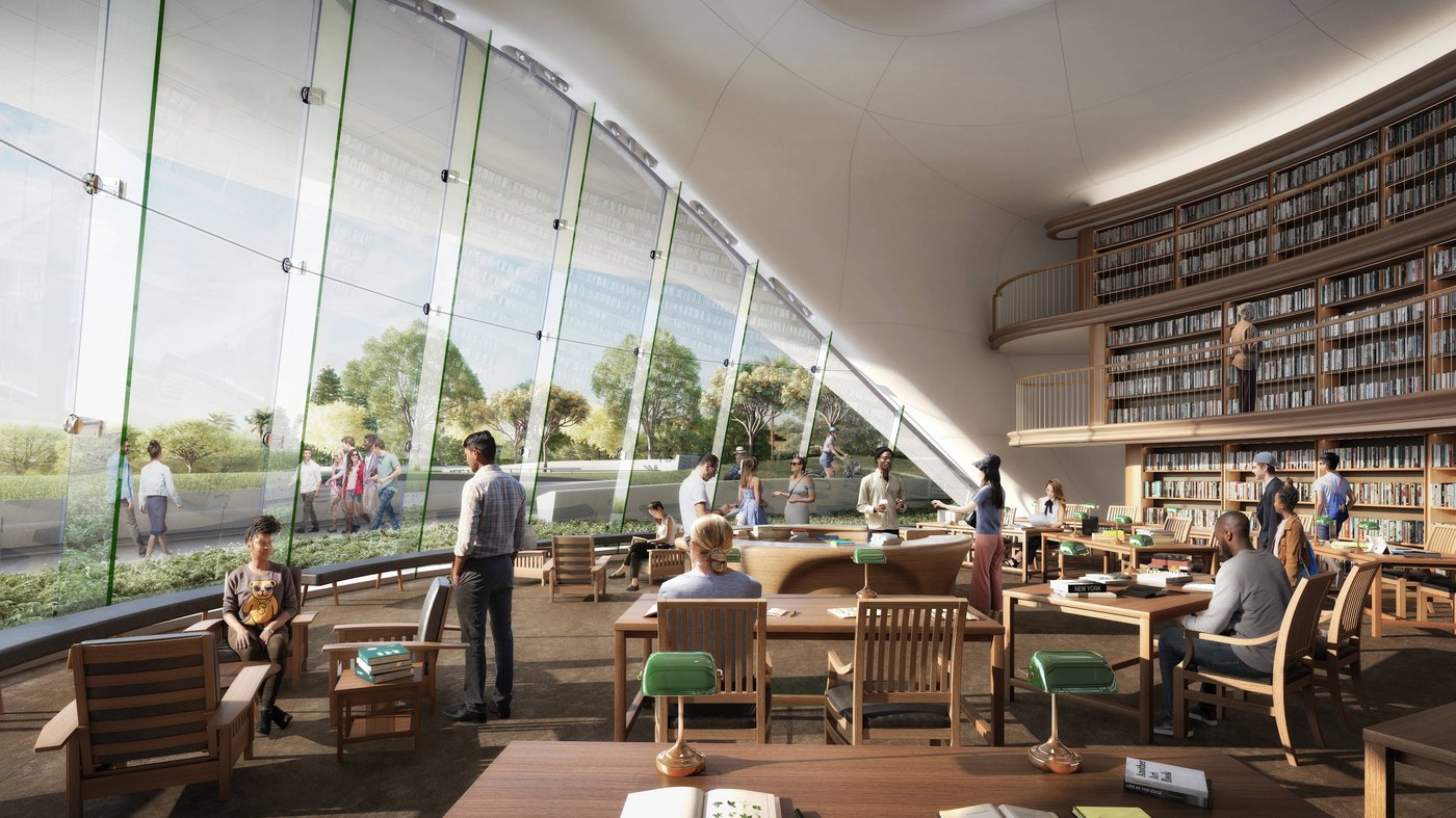 Interior architectural rendering of the expansive Lucas Museum research library overlooking the park