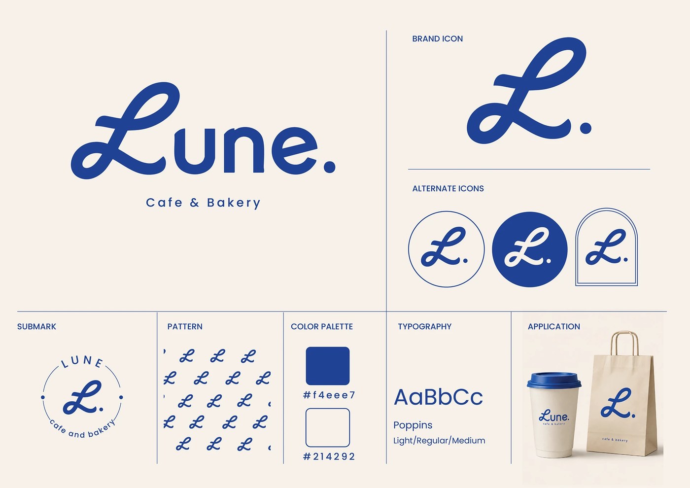 Lune Cafe and Bakery brand identity design playful typography details by Ashida Hydrose