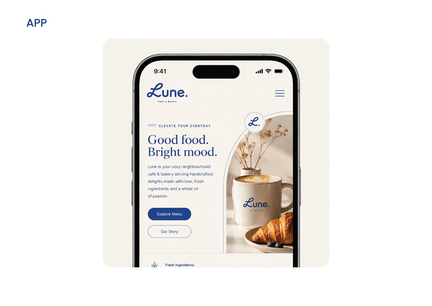 Lune Cafe and Bakery brand identity design mobile menu touchpoints by Ashida Hydrose