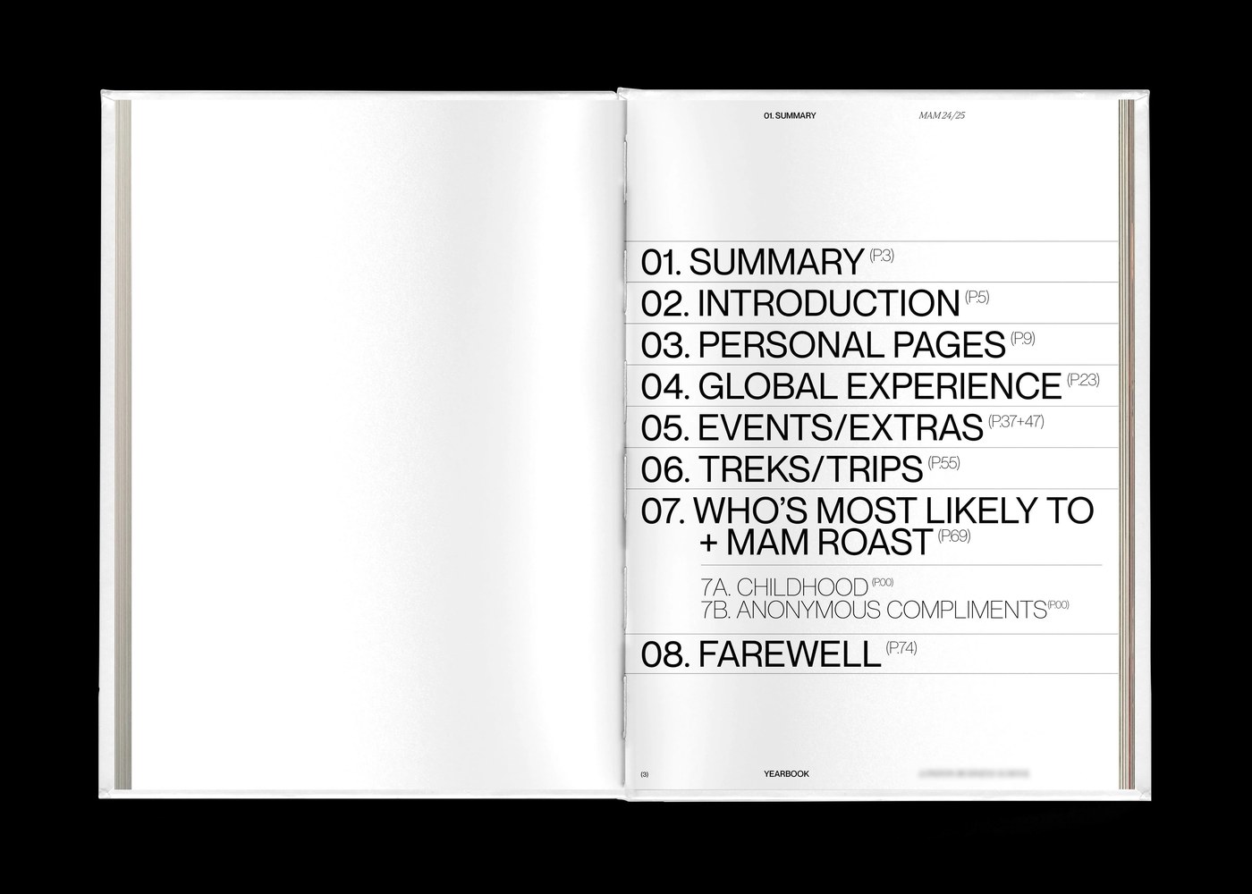 Uncoated paper printing specimen of MAM Yearbook editorial design
