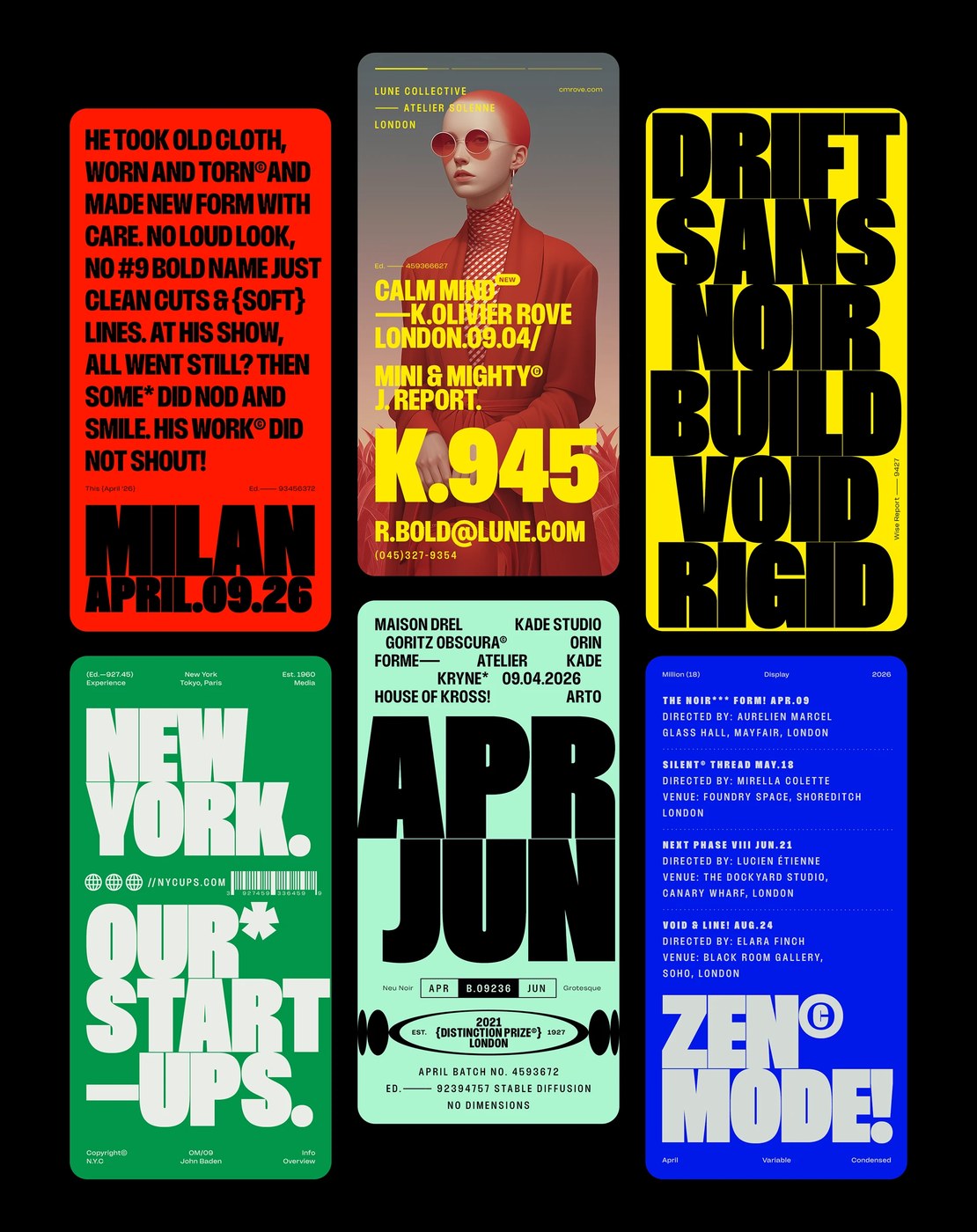 Million condensed display typeface variable font design — red yellow editorial triptych three-panel layout