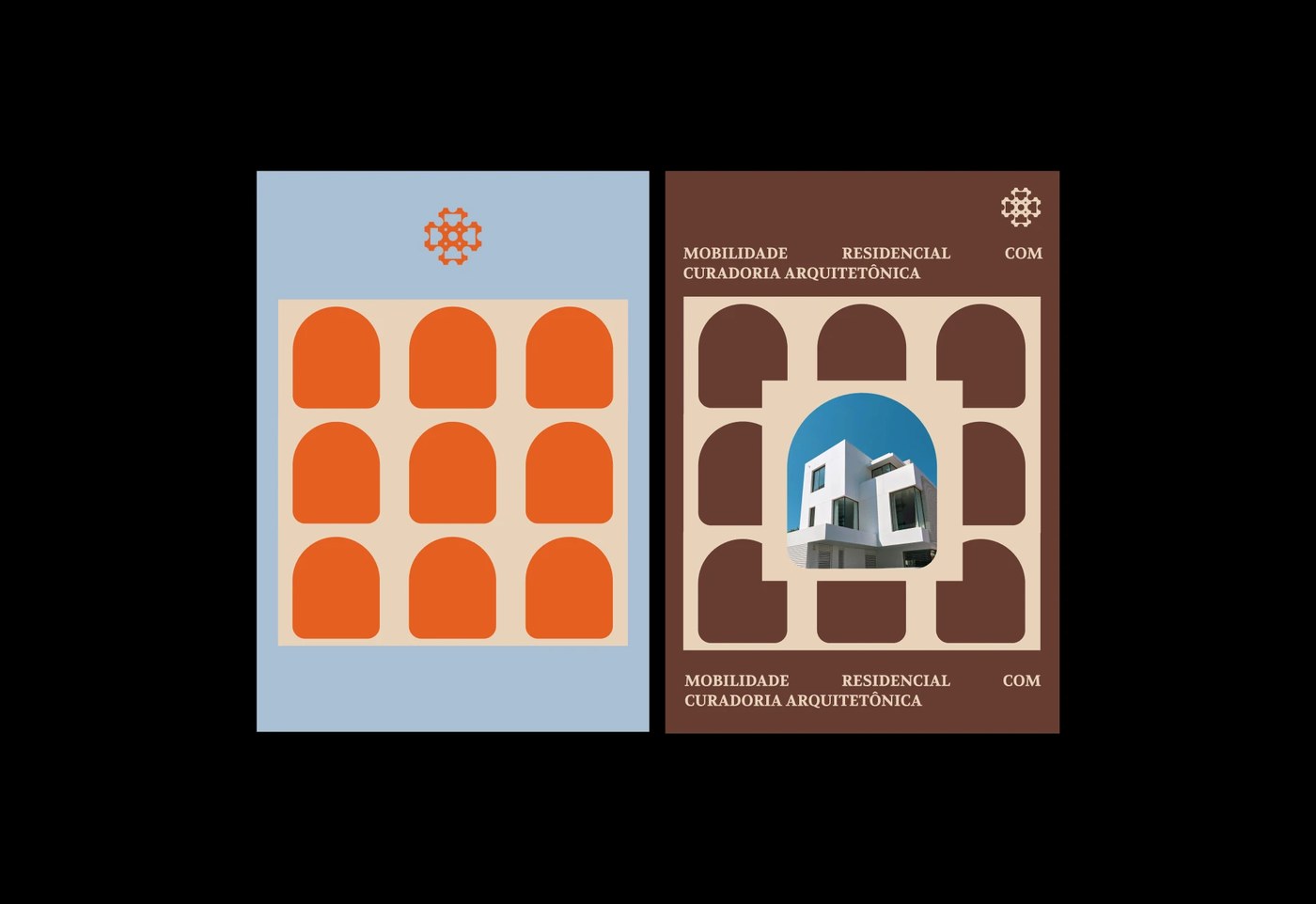 Mobilli architectural curation editorial posters with arched modular window grids — brand identity by Mariane Farias
