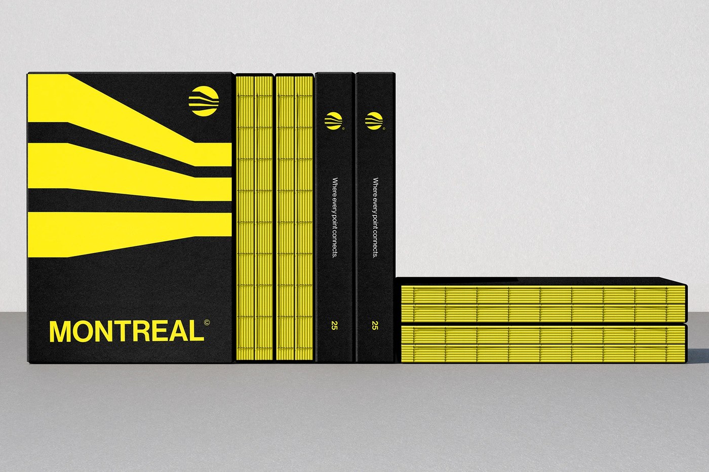 Exposed Swiss Smyth-sewn bookbinding with yellow thread in Montreal Architecture brand identity