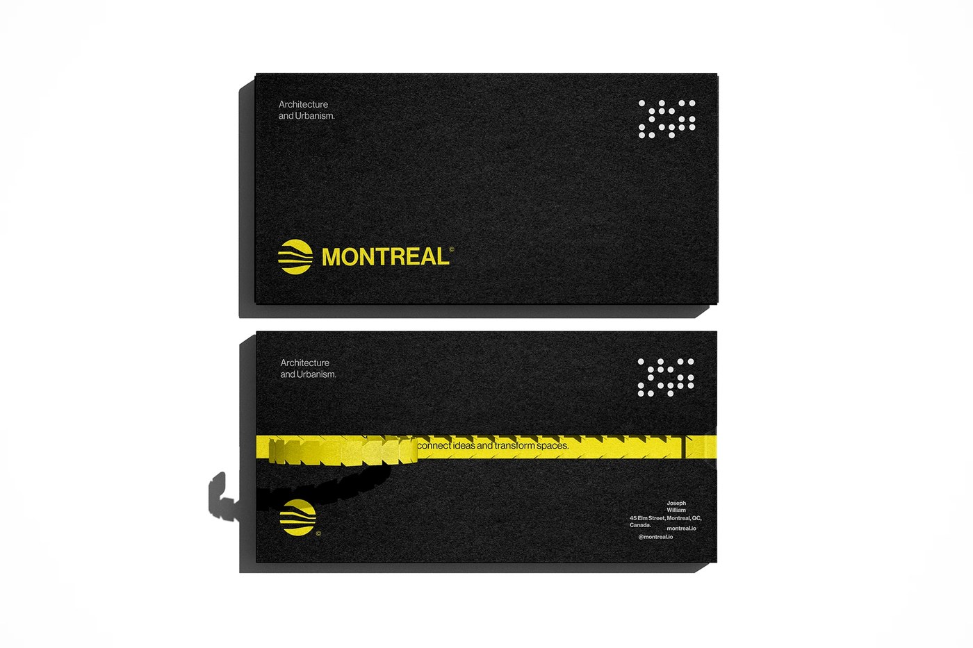 Black envelopes with yellow zipper pull strip opening in Montreal Architecture brand identity