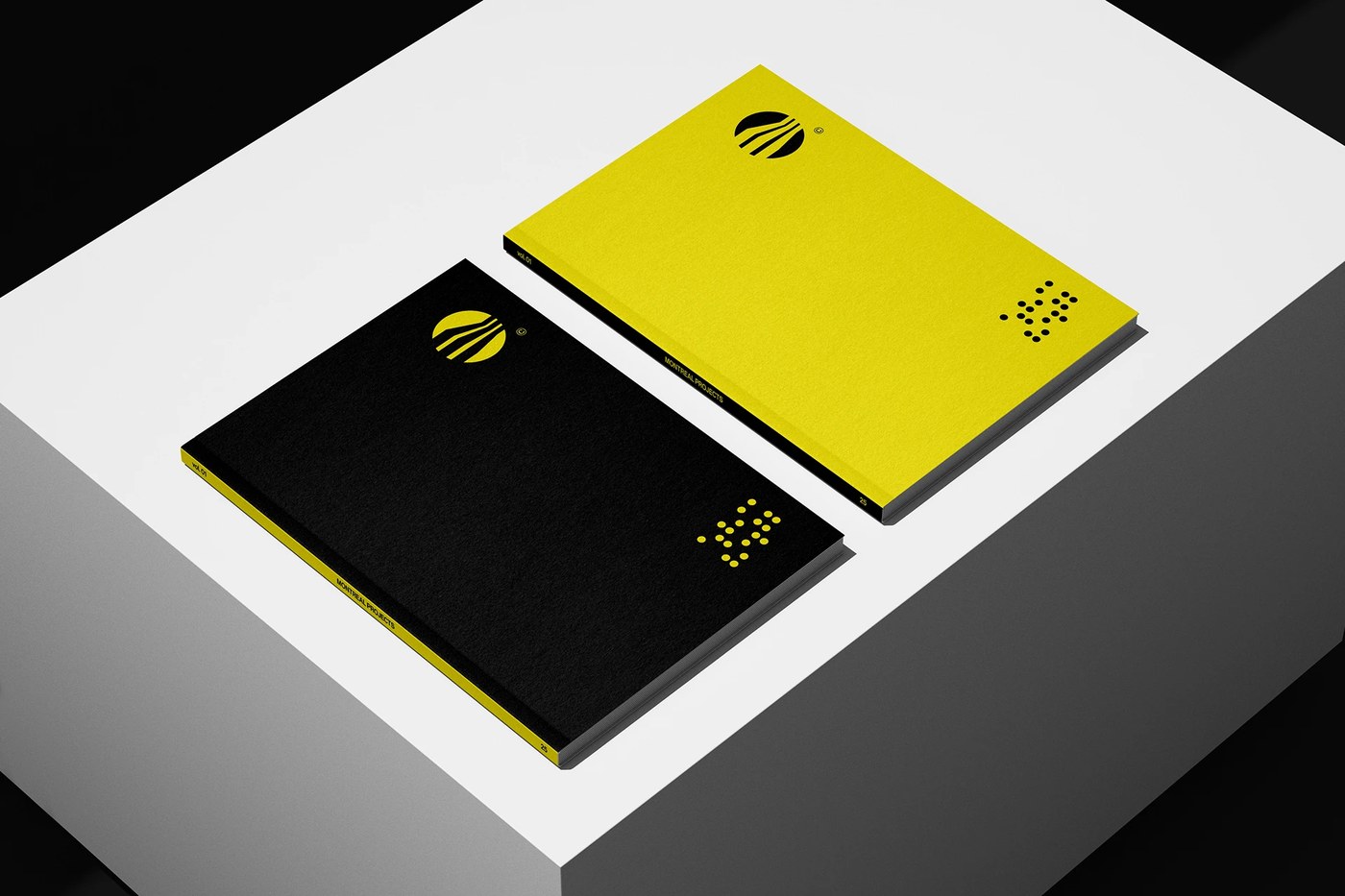 Architectural monograph project books bound in yellow and black cloth for Montreal Architecture