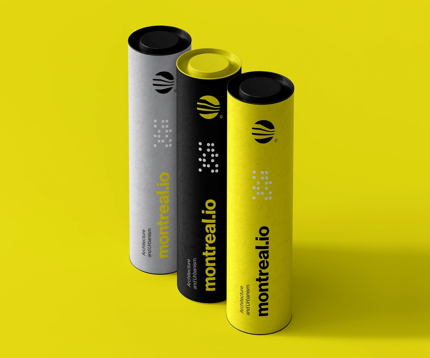 Screenprinted architectural blueprint mailing tubes in Montreal Architecture brand identity