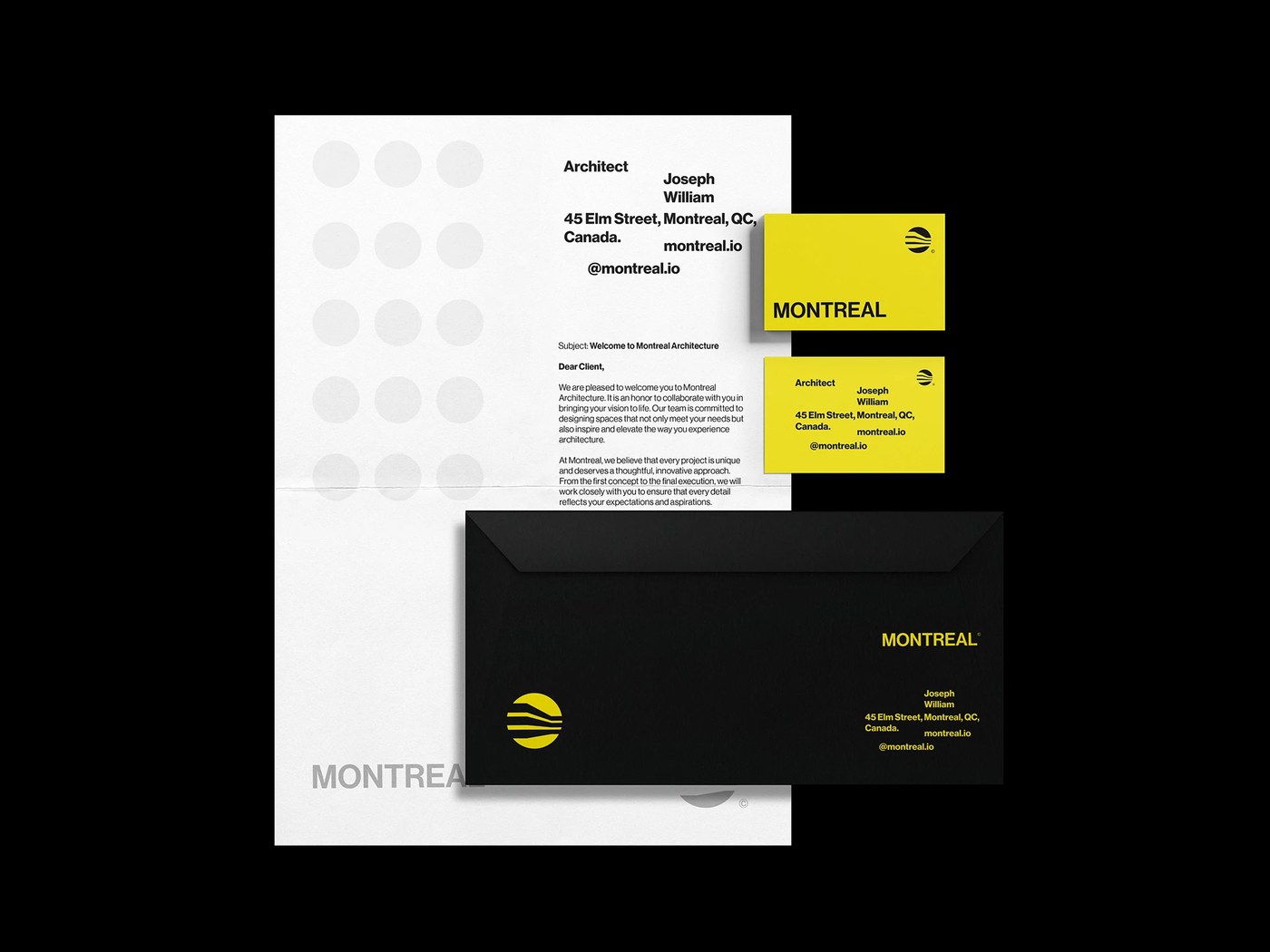 Corporate letterhead and business card stationery suite in Montreal Architecture brand identity