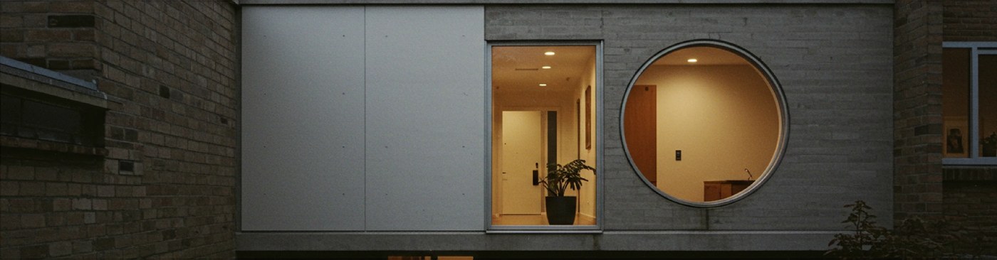 Circular window facade in Montreal Arquitetura building inspiring the brand identity system
