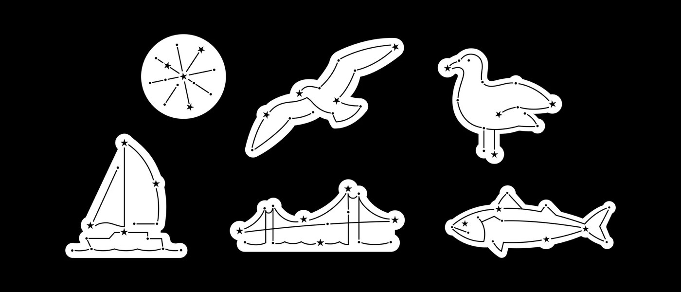Visual identity character drawings and spatial graphics