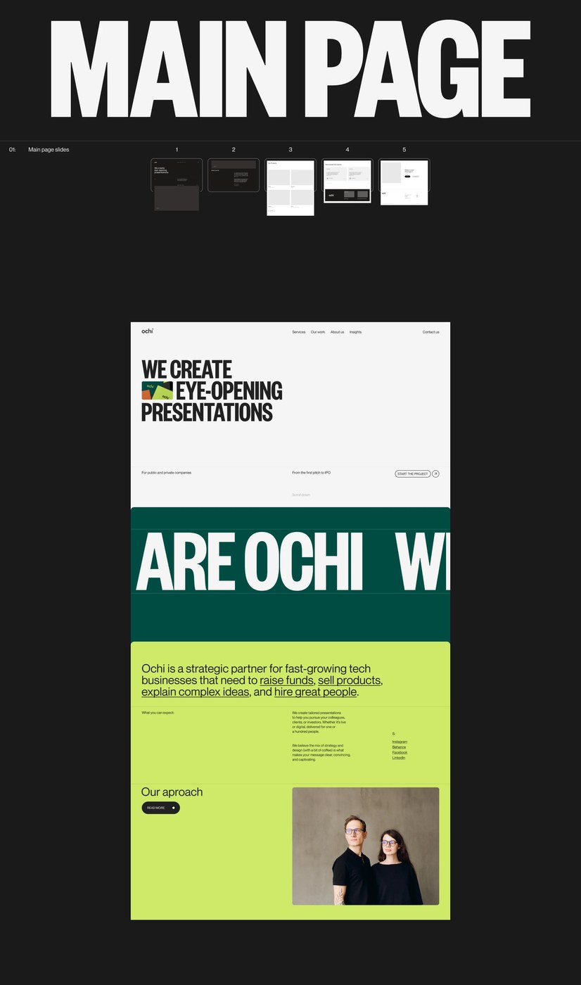 Ochi Design main page slide deck architecture and full homepage web design layout in off-white, deep forest green, and electric chartreuse by Obys Agency