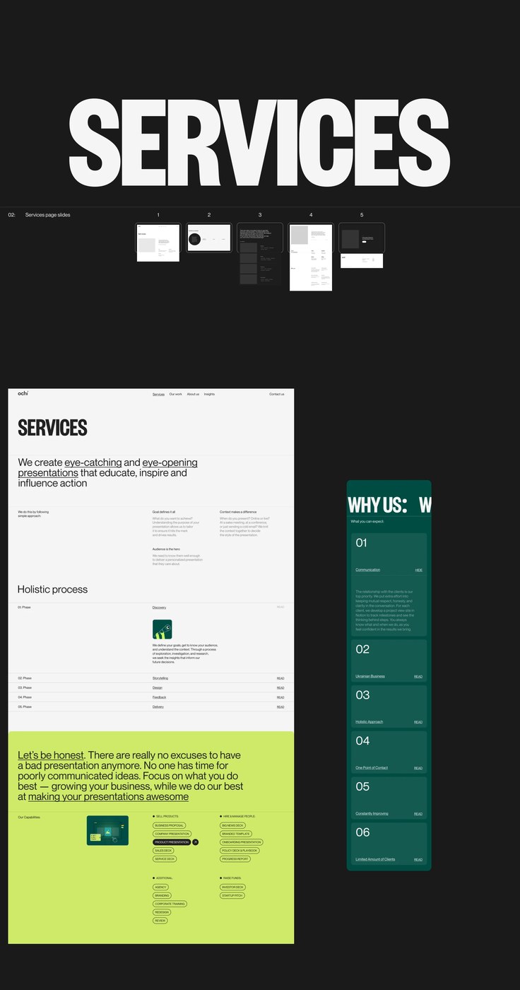 Ochi Design Services page slide system, holistic process breakdown, and dark forest green mobile cards — web design by Obys Agency