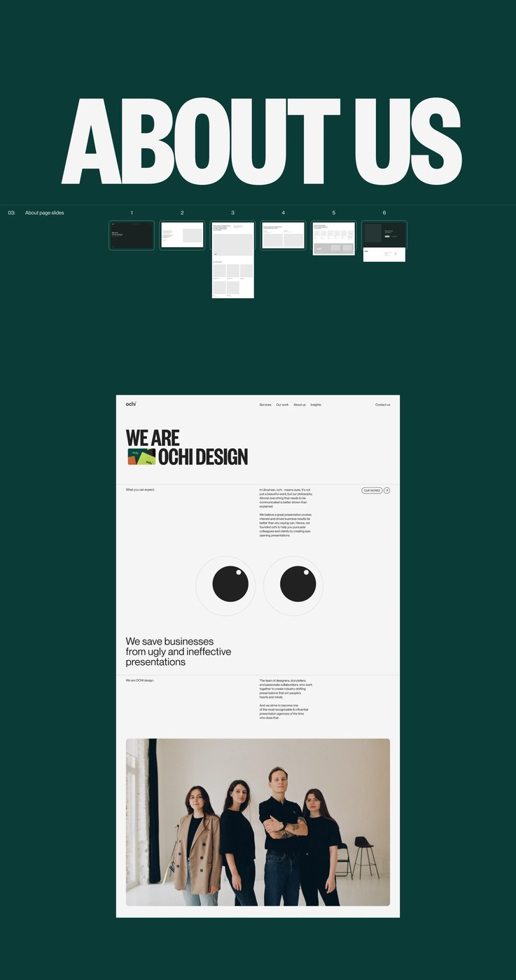 Ochi Design About Us slide deck system and WE ARE OCHI DESIGN typographic layout with optical eye spheres — web design by Obys Agency