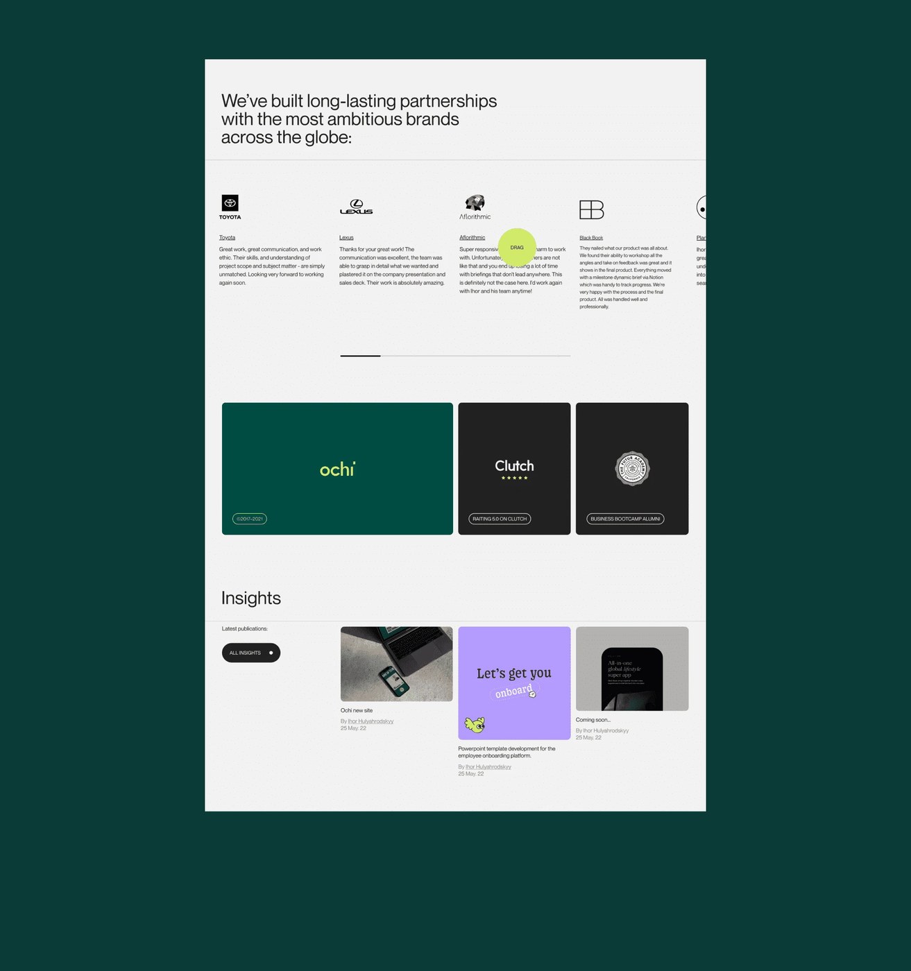 Ochi Design horizontal client partnership drag carousel and Clutch 5.0 and The Futur credential cards — web design by Obys Agency