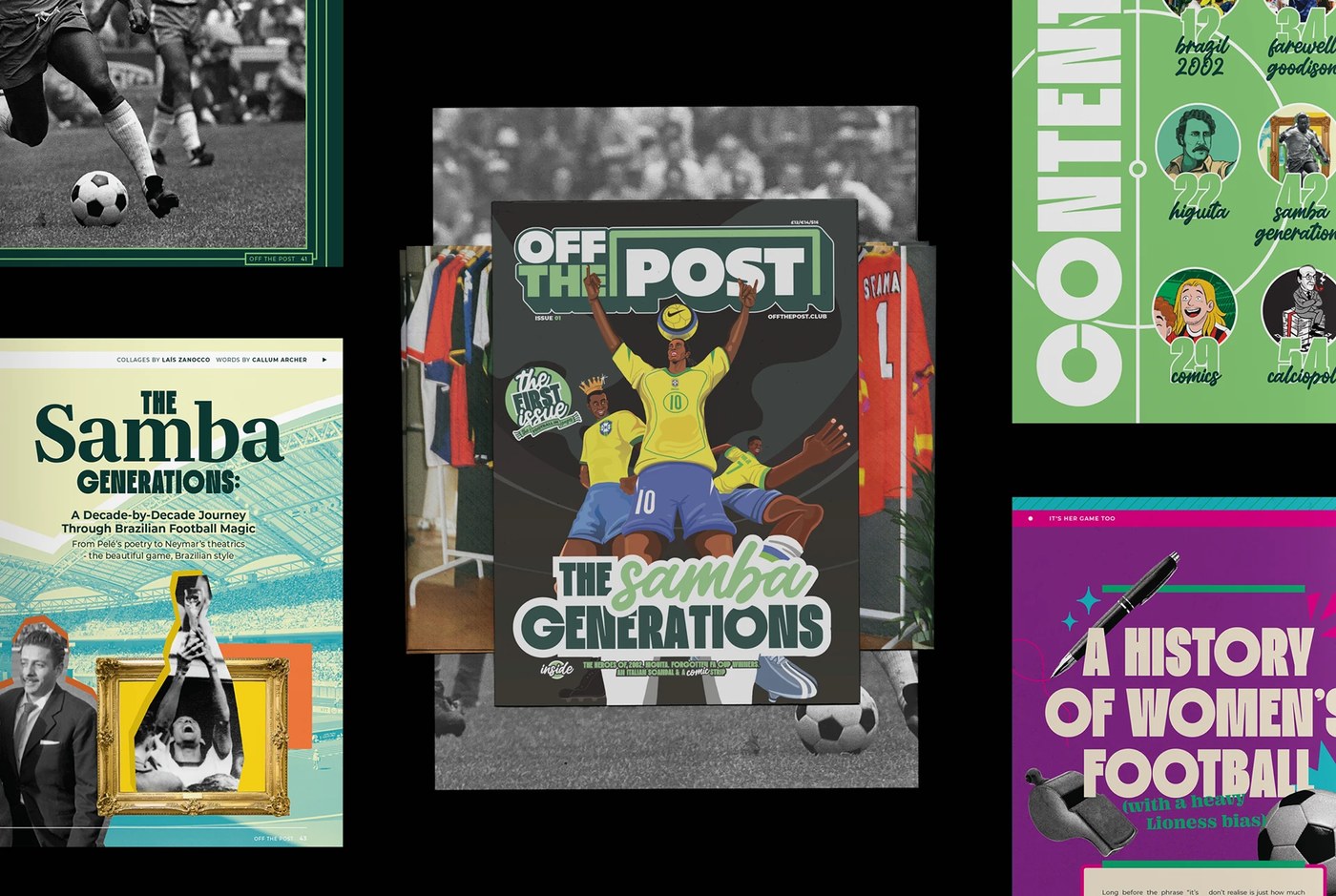 Cover of Off The Post magazine Issue 01 featuring primary brand logotype, wordmark typography, The Samba Generations illustration, and editorial design spreads
