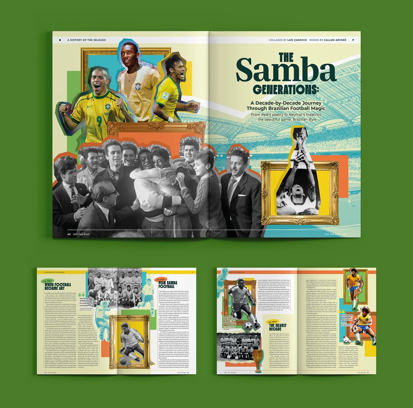 Editorial design spreads for The Samba Generations featuring mixed-media collage portraits and decade retrospectives