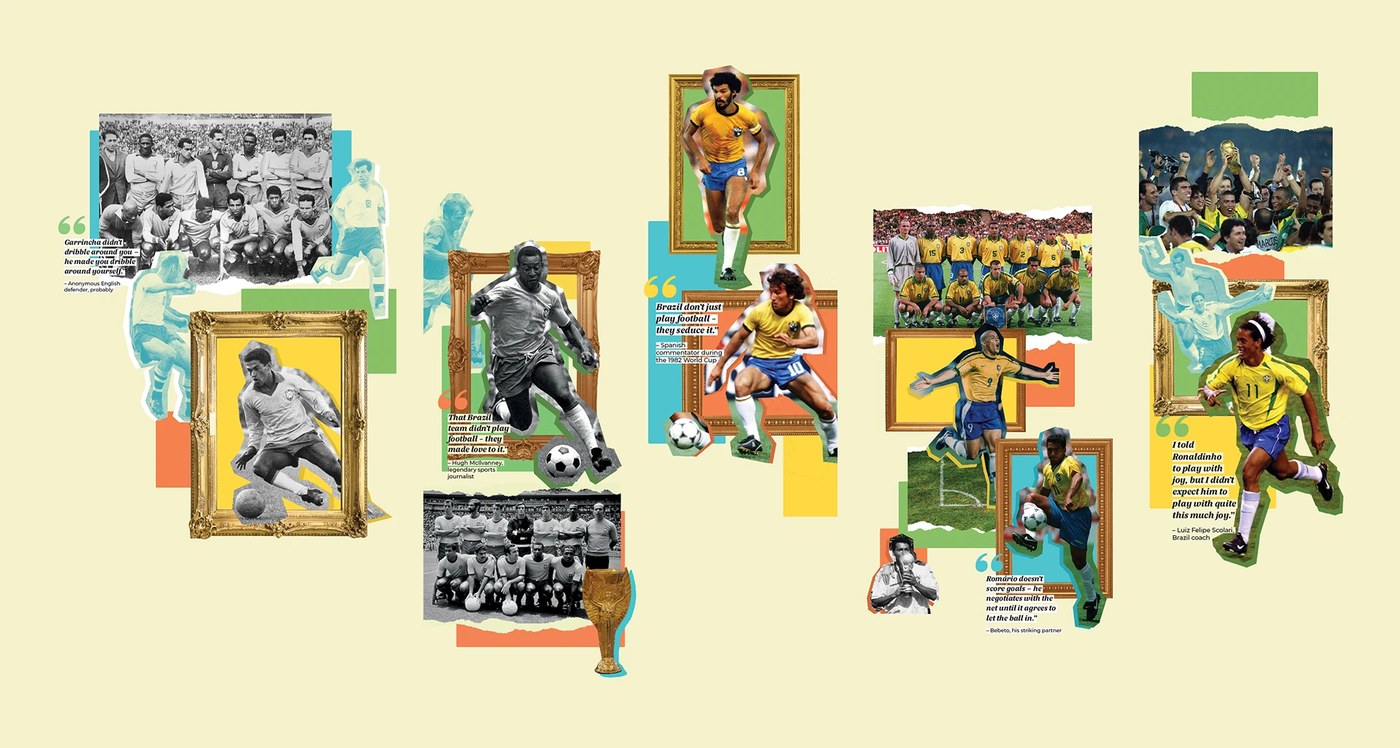Mixed-media football collage elements with ornate picture frames and Brazilian legends in editorial design