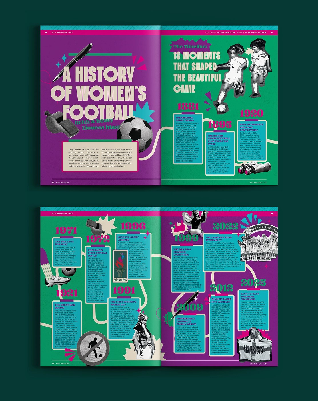 A History of Women's Football editorial design layout featuring dynamic collage storytelling and timeline graphics
