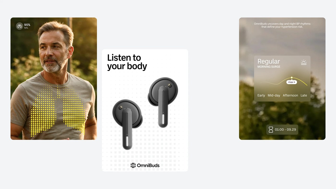 OmniBuds web design hardware sensor breakdown and audio interface by HALO LAB