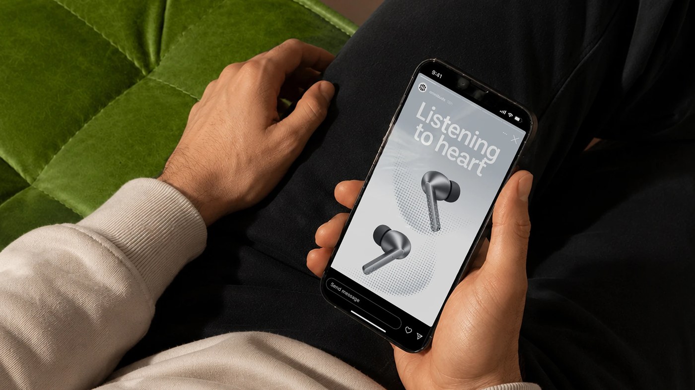 OmniBuds web design mobile app interface on smartphone display by HALO LAB