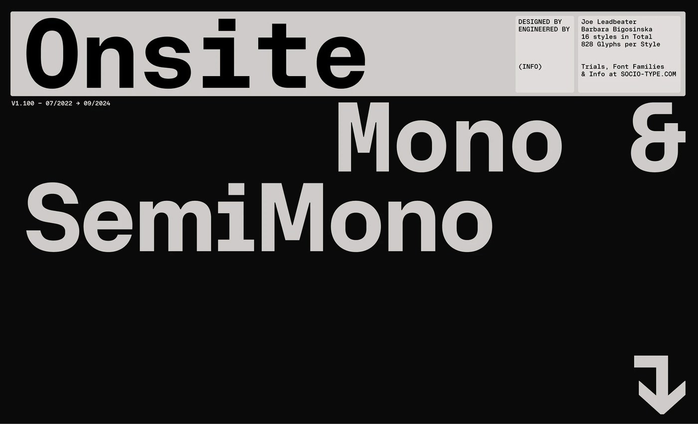 Master type design specimen card presenting Onsite Mono and SemiMono font credits and style metrics