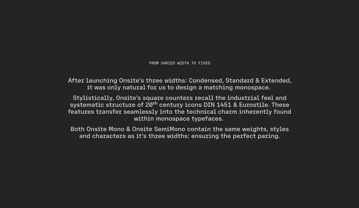 Typographic overview slide explaining the structural evolution from varied width to fixed-width type design