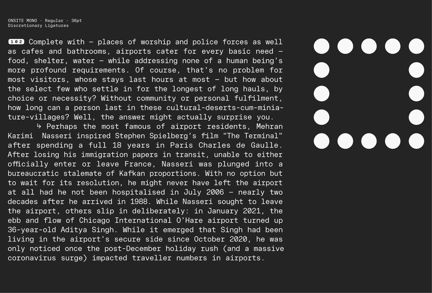 Editorial text spread set in Onsite Mono Regular demonstrating discretionary ligatures and arrow glyphs